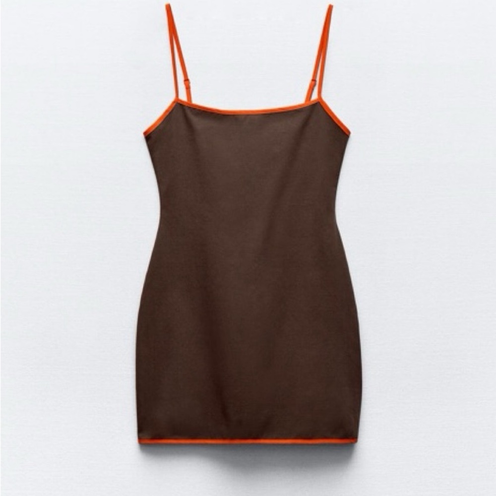 Brown Dress with red Trim piping